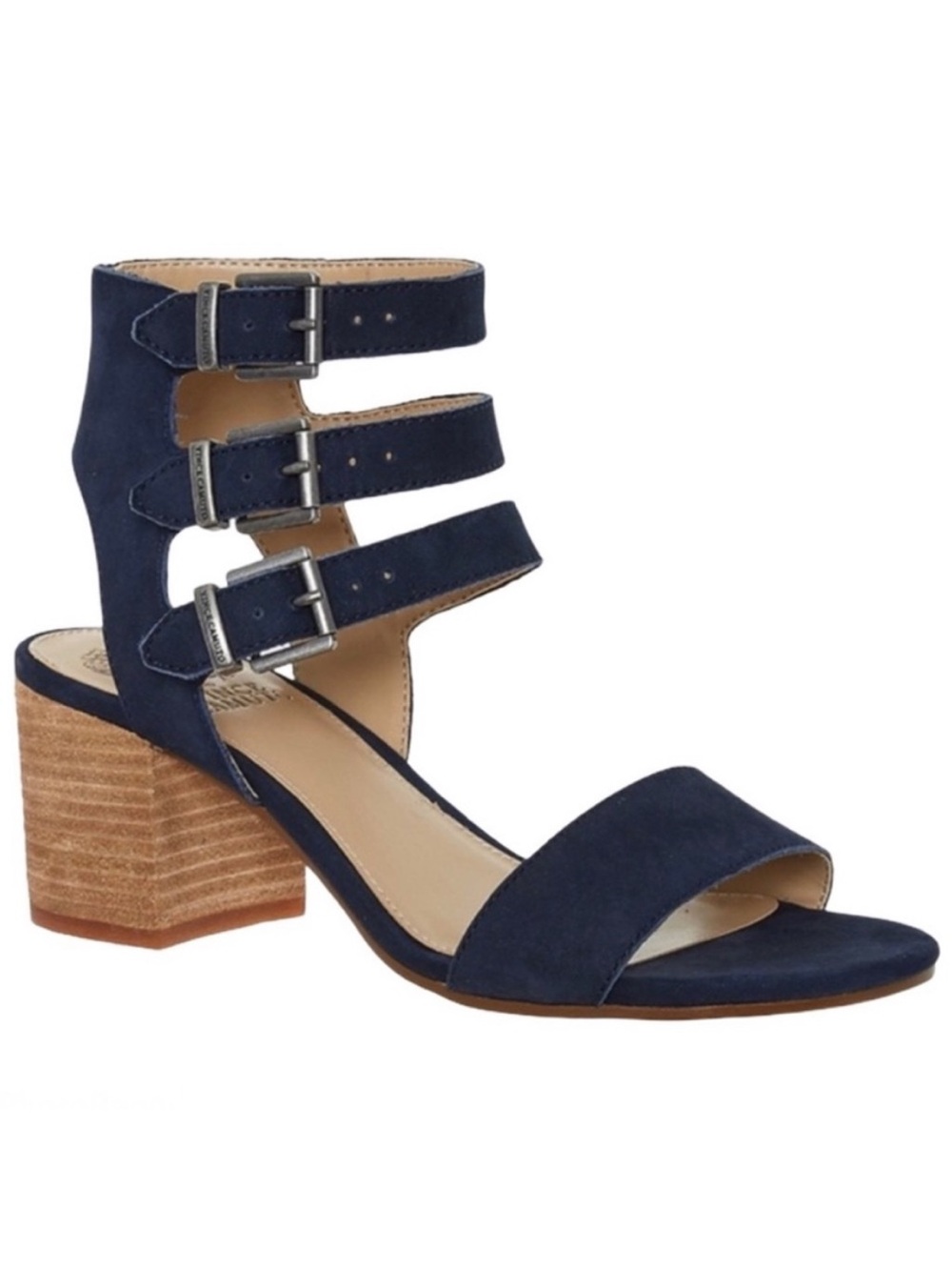 Vince Camuto VP Harrington Suede Caged Strappy Wood Block Heel Sandals Navy